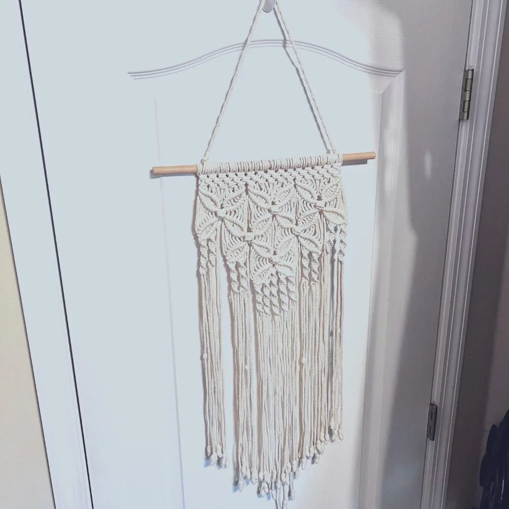 Macrame/Crocheted Wall Hanging-Ivory/Cream-Bohemian-Wood Dowel-Knots-Twist-Flow